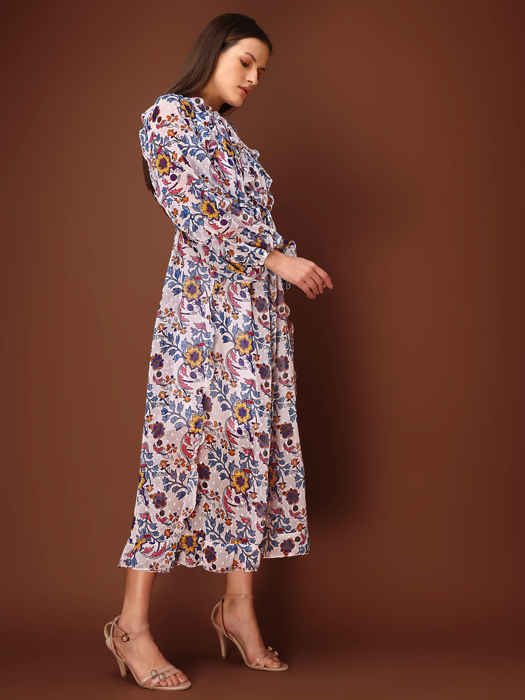 Women's Multi Casual Midi Calf Length Ruffled Dress