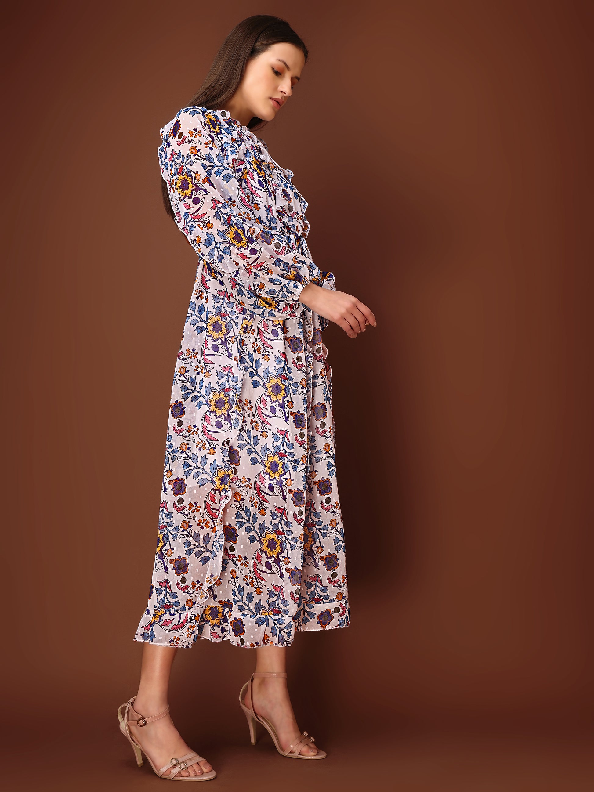 Women's Multi Casual Midi Calf Length Ruffled Dress