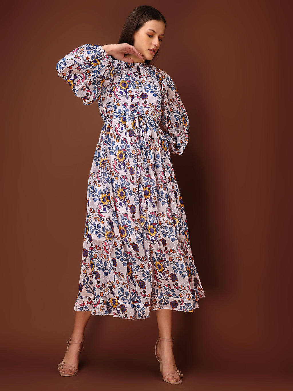 Women's Multi Casual Midi Calf Length Ruffled Dress