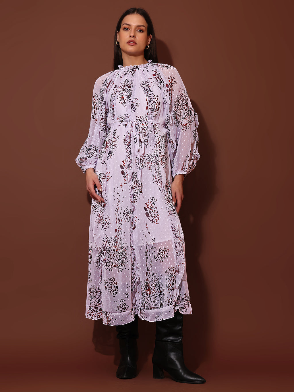 Women's White Casual Midi Calf Length Ruffled Dress