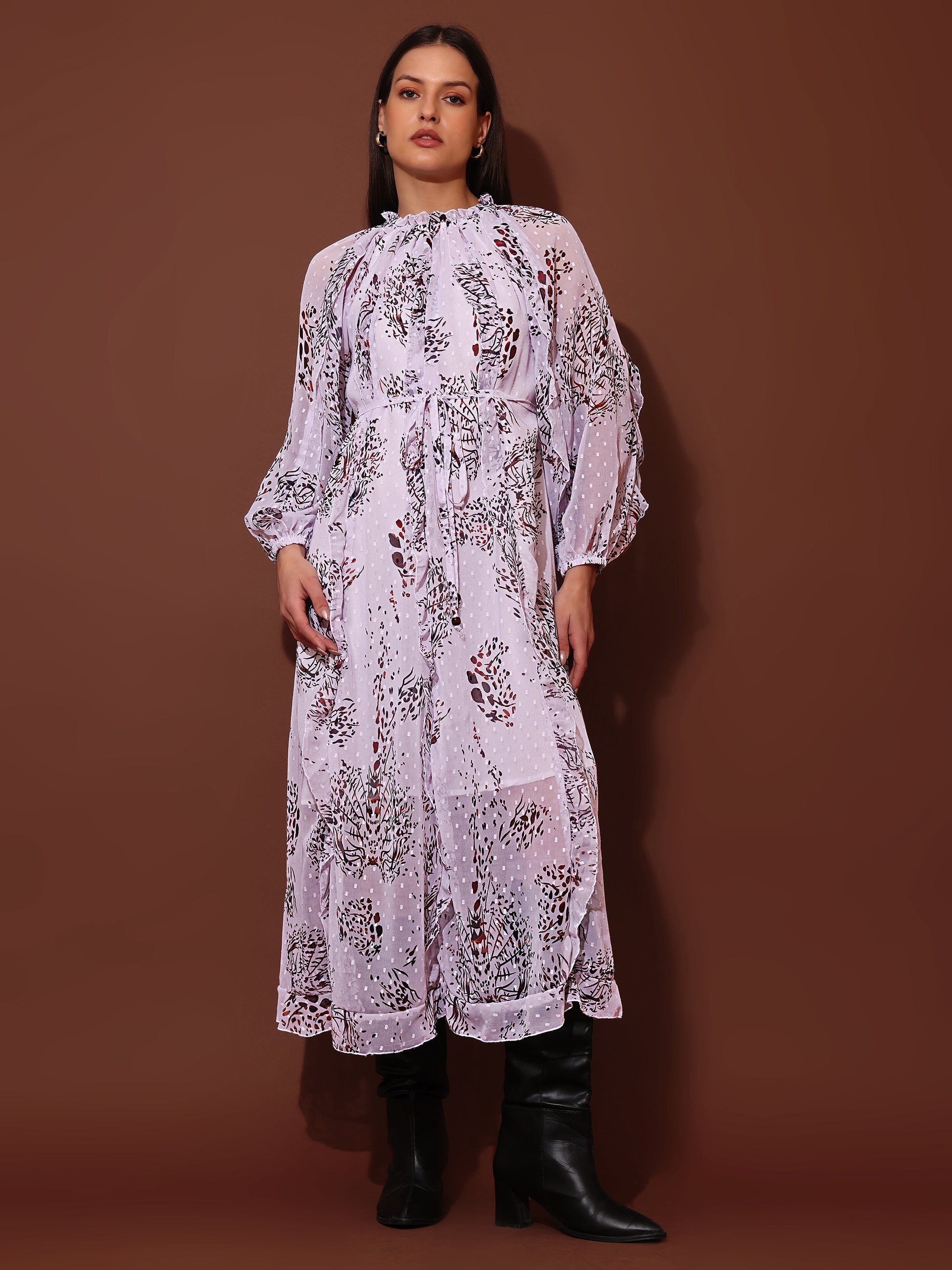 Women's White Casual Midi Calf Length Ruffled Dress