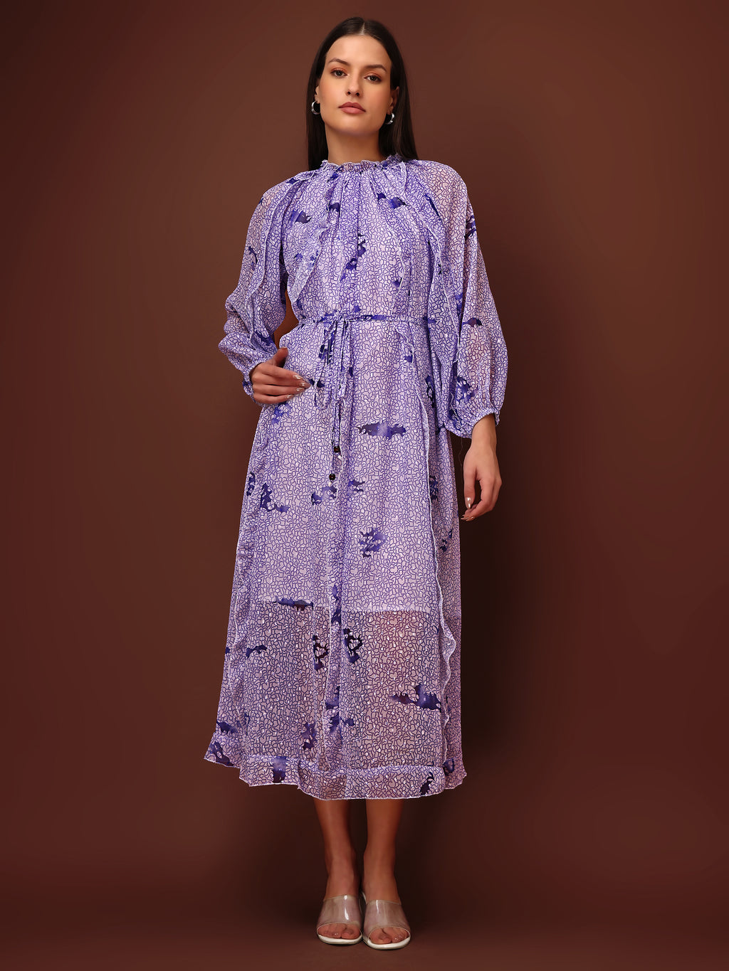 Women's Purple Casual Midi Calf Length Ruffled Dress