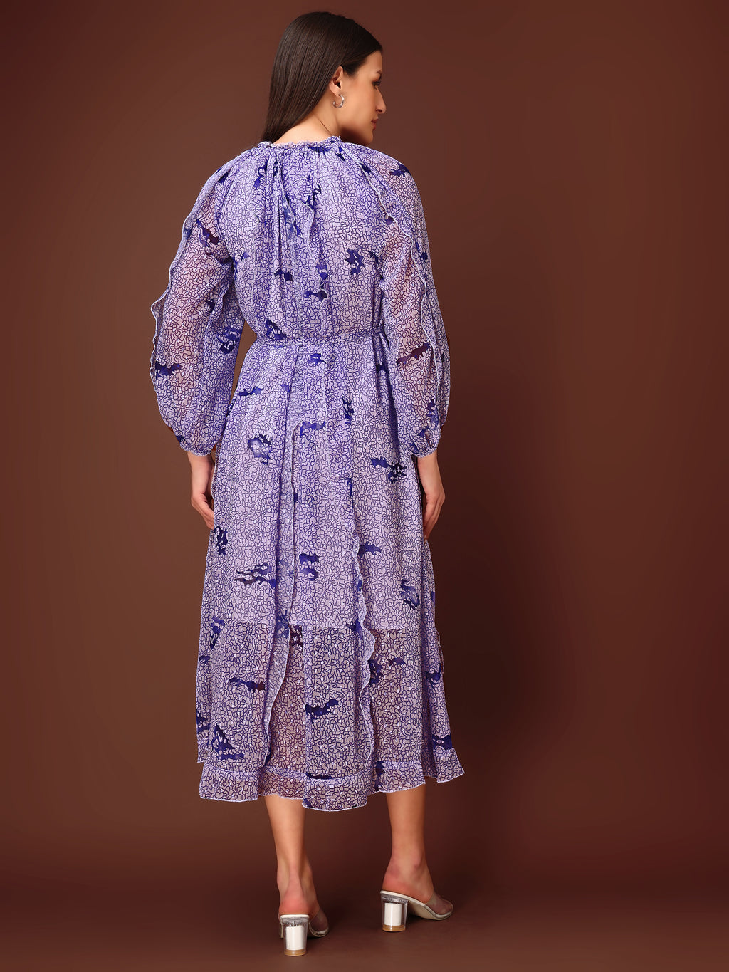 Women's Purple Casual Midi Calf Length Ruffled Dress