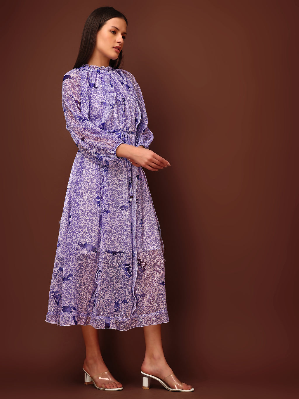 Women's Purple Casual Midi Calf Length Ruffled Dress
