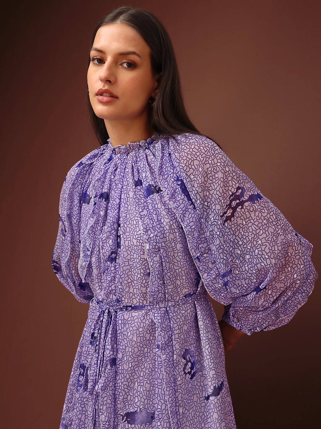 Women's Purple Casual Midi Calf Length Ruffled Dress