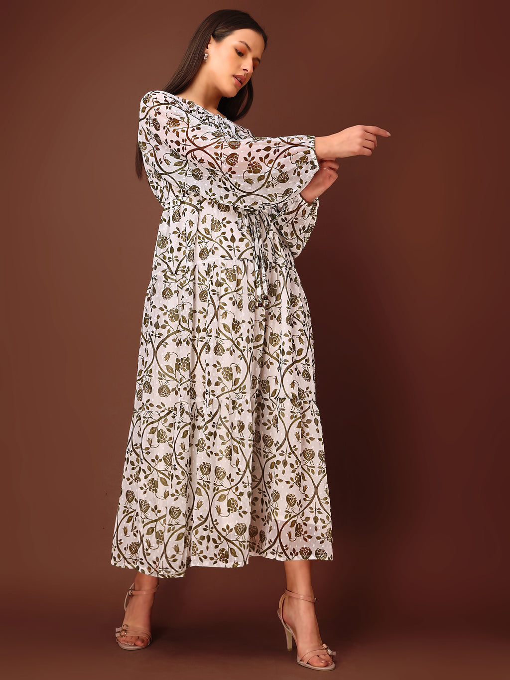 Women's Green Floral Print Maxi Length Party Wear dress