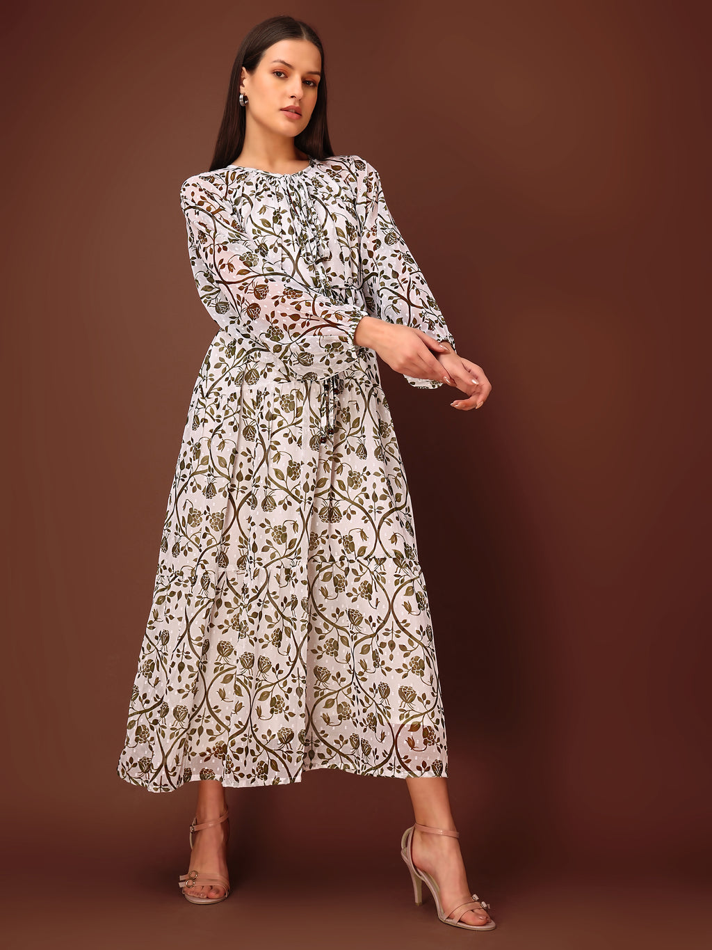 Women's Green Floral Print Maxi Length Party Wear dress