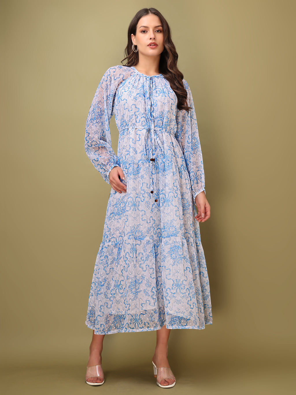 Women's Blue Floral Print Maxi Length Party Wear dress