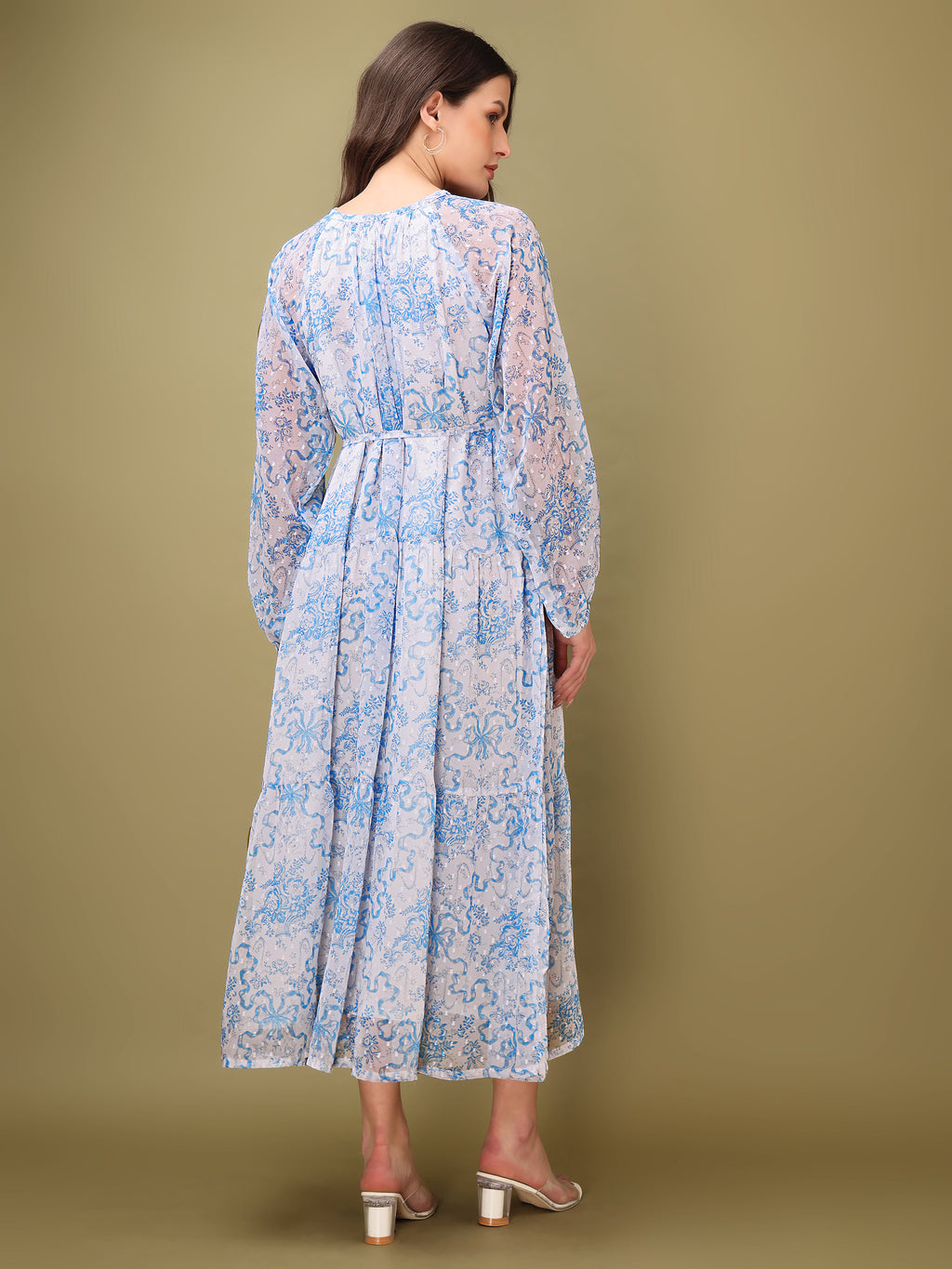 Women's Blue Floral Print Maxi Length Party Wear dress
