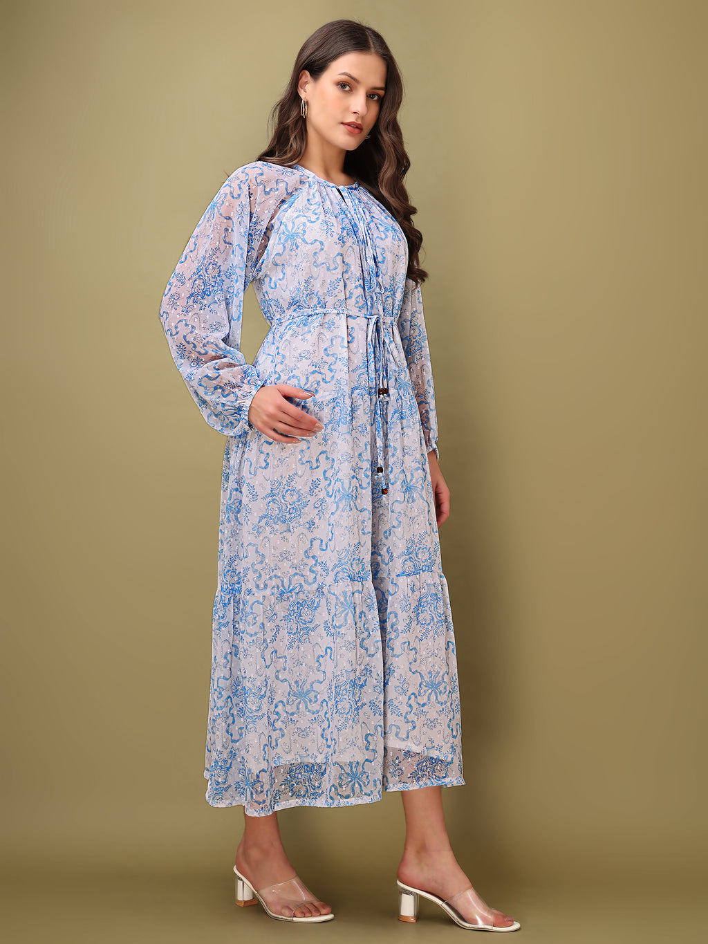 Women's Blue Floral Print Maxi Length Party Wear dress