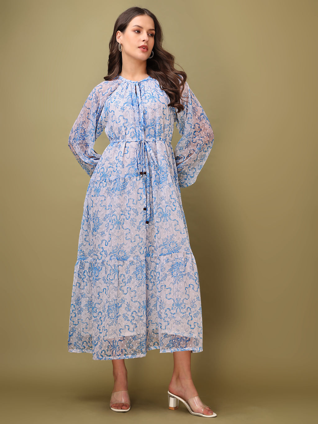 Women's Blue Floral Print Maxi Length Party Wear dress