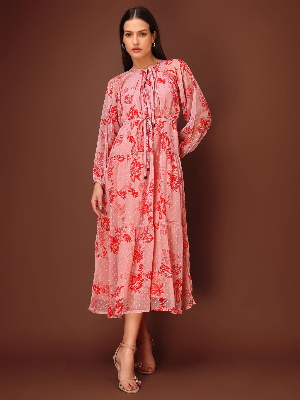 Women's Peach Floral Print Maxi Length Party Wear dress