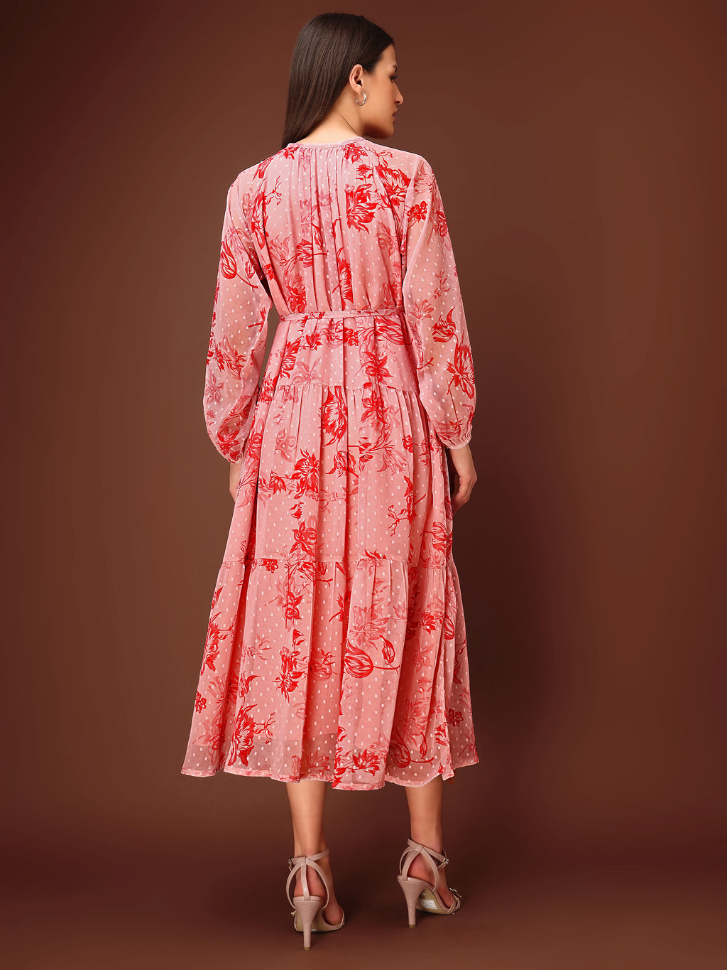 Women's Peach Floral Print Maxi Length Party Wear dress