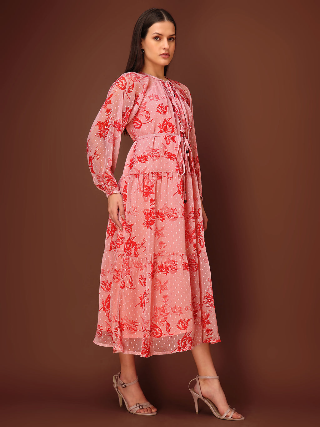 Women's Peach Floral Print Maxi Length Party Wear dress