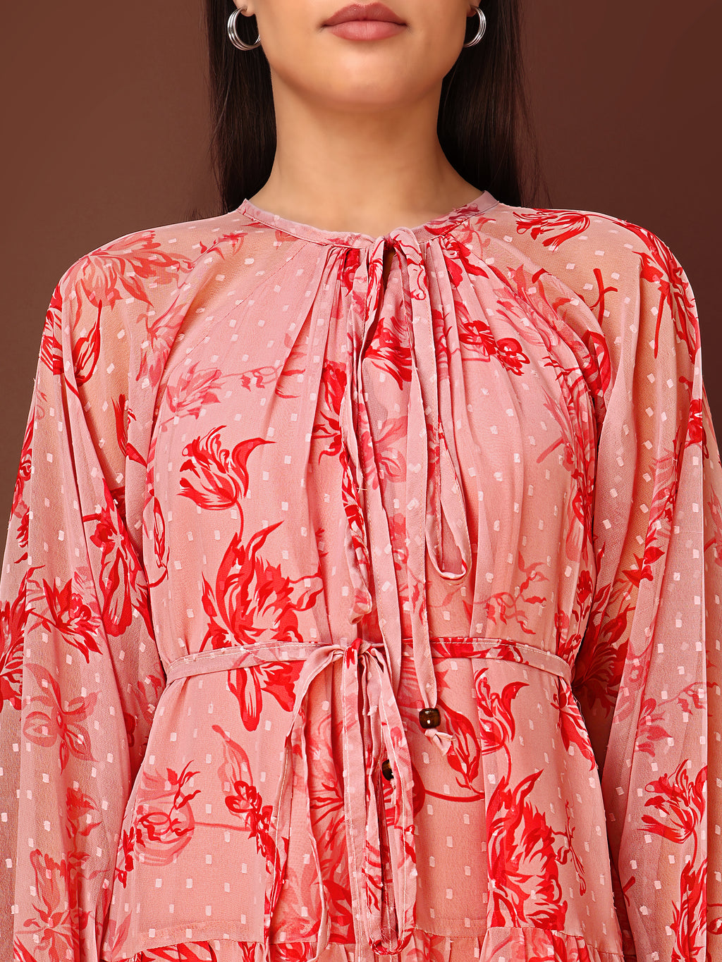 Women's Peach Floral Print Maxi Length Party Wear dress