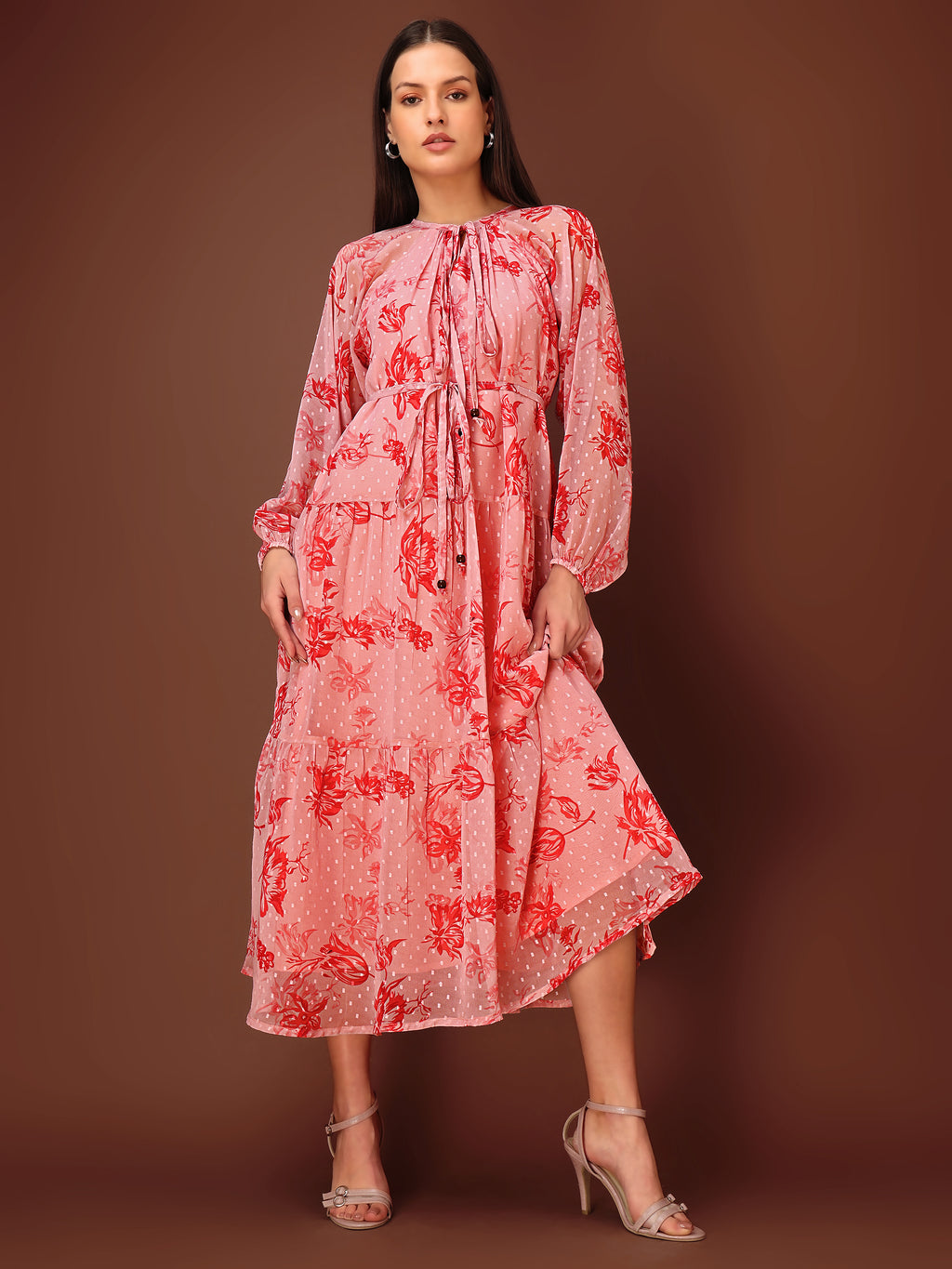 Women's Peach Floral Print Maxi Length Party Wear dress