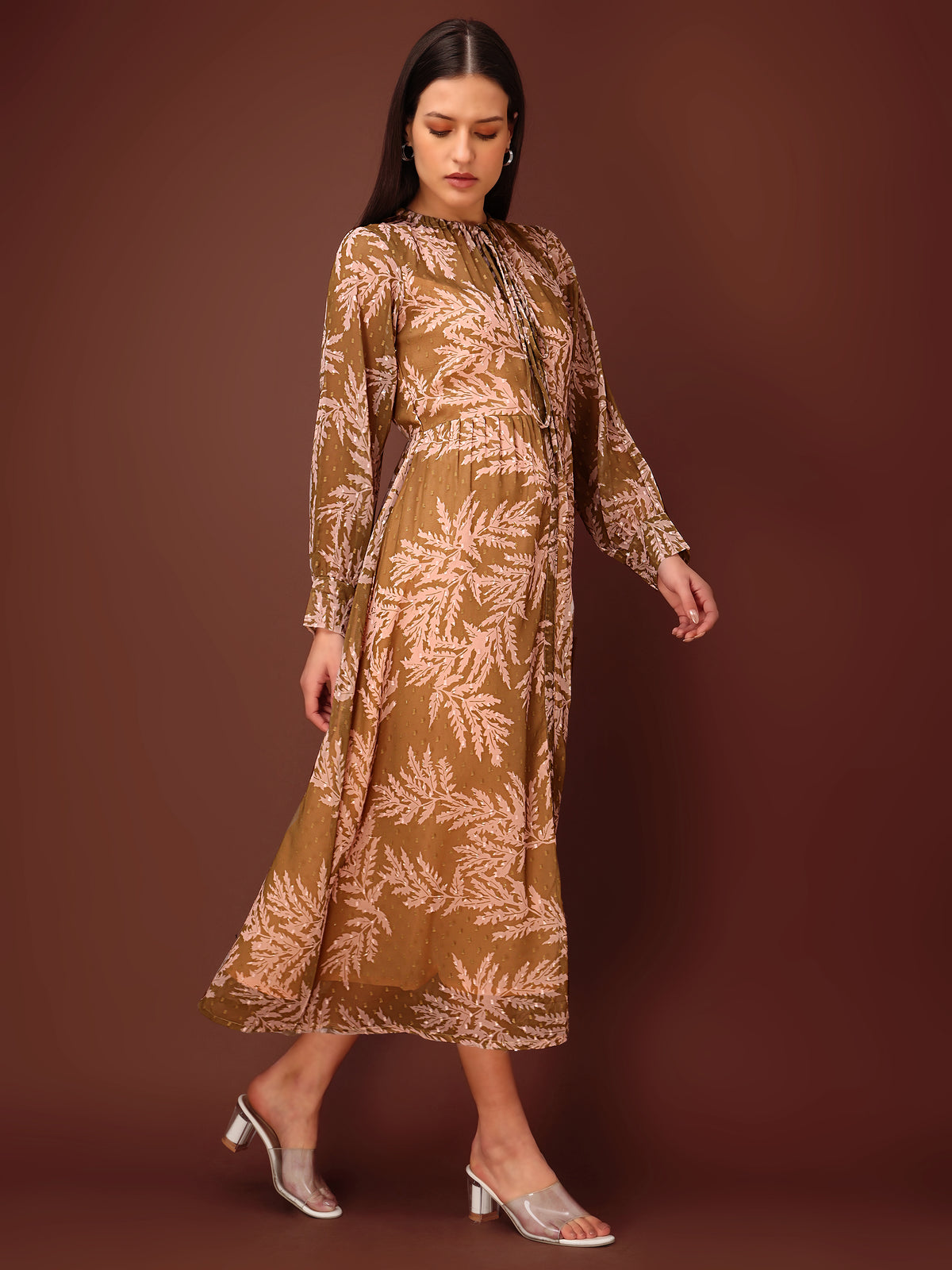 Flared Midi Puff Sleeve High Neck with Tie-Up Printed Dress