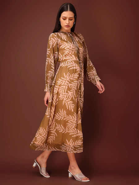 Flared Midi Puff Sleeve High Neck with Tie-Up Printed Dress