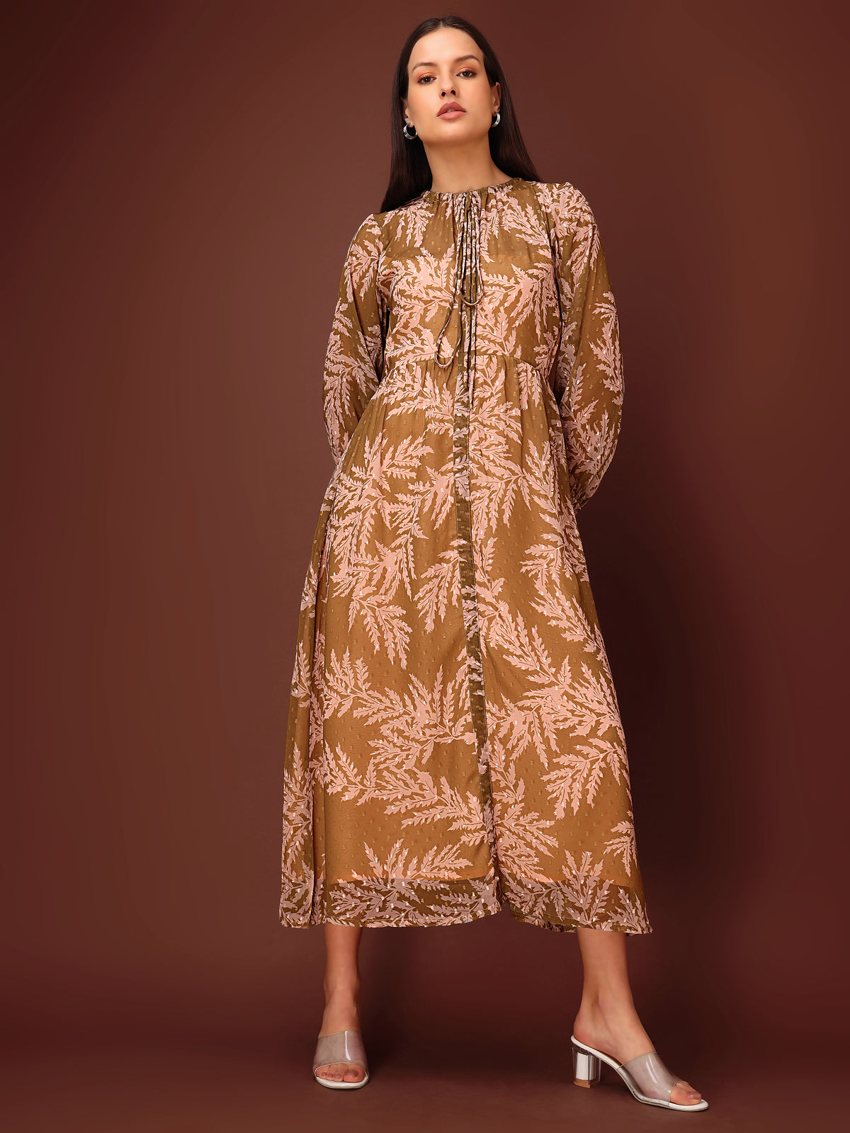 Flared Midi Puff Sleeve High Neck with Tie-Up Printed Dress