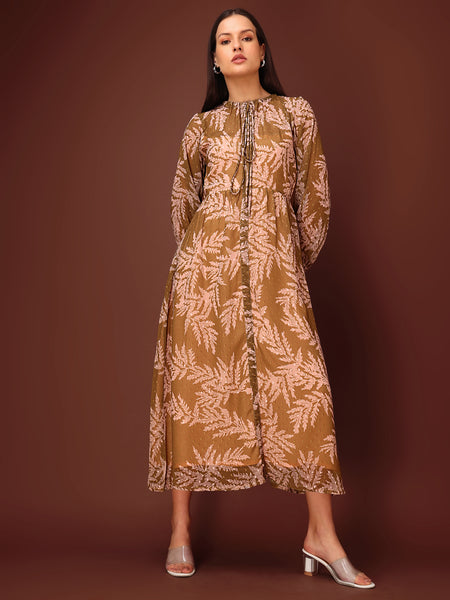 Flared Midi Puff Sleeve High Neck with Tie-Up Printed Dress