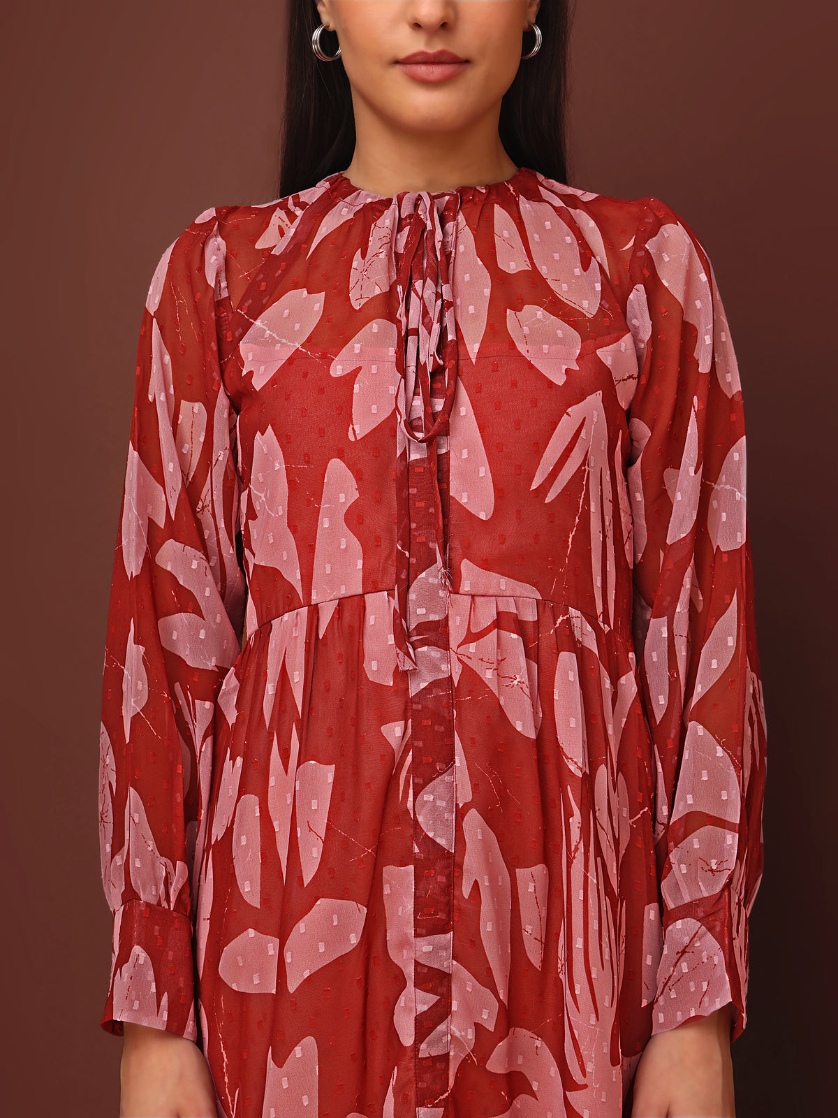 Flared Midi Puff Sleeve High Neck with Tie-Up Printed Dress