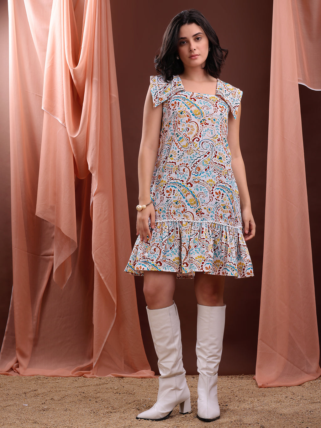 Women's  Sleeveless Fit & Flare Mini with Square Neckline Multi Dress