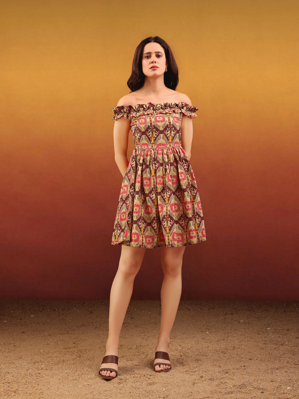 Women's Ruffled Off-Shoulder Mini Length Multi Dress