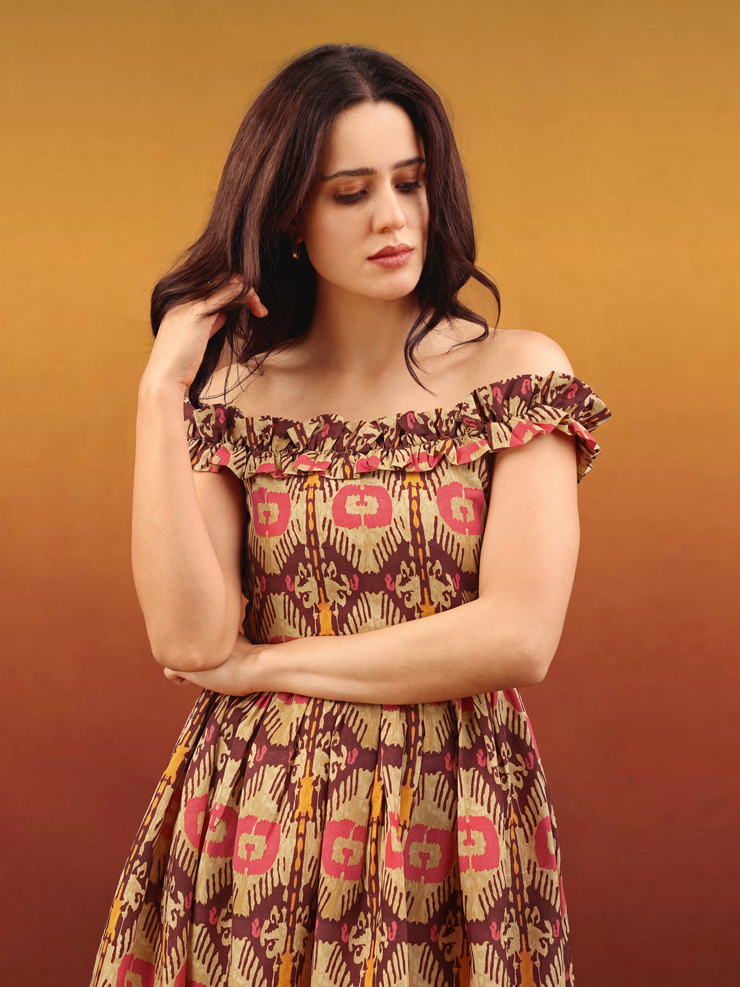 Fit & Flared Mini Sleeveless Off Shoulder Printed Dress
