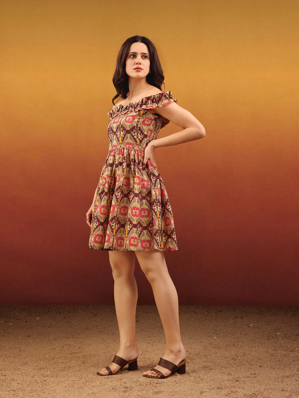 Women's Ruffled Off-Shoulder Mini Length Multi Dress