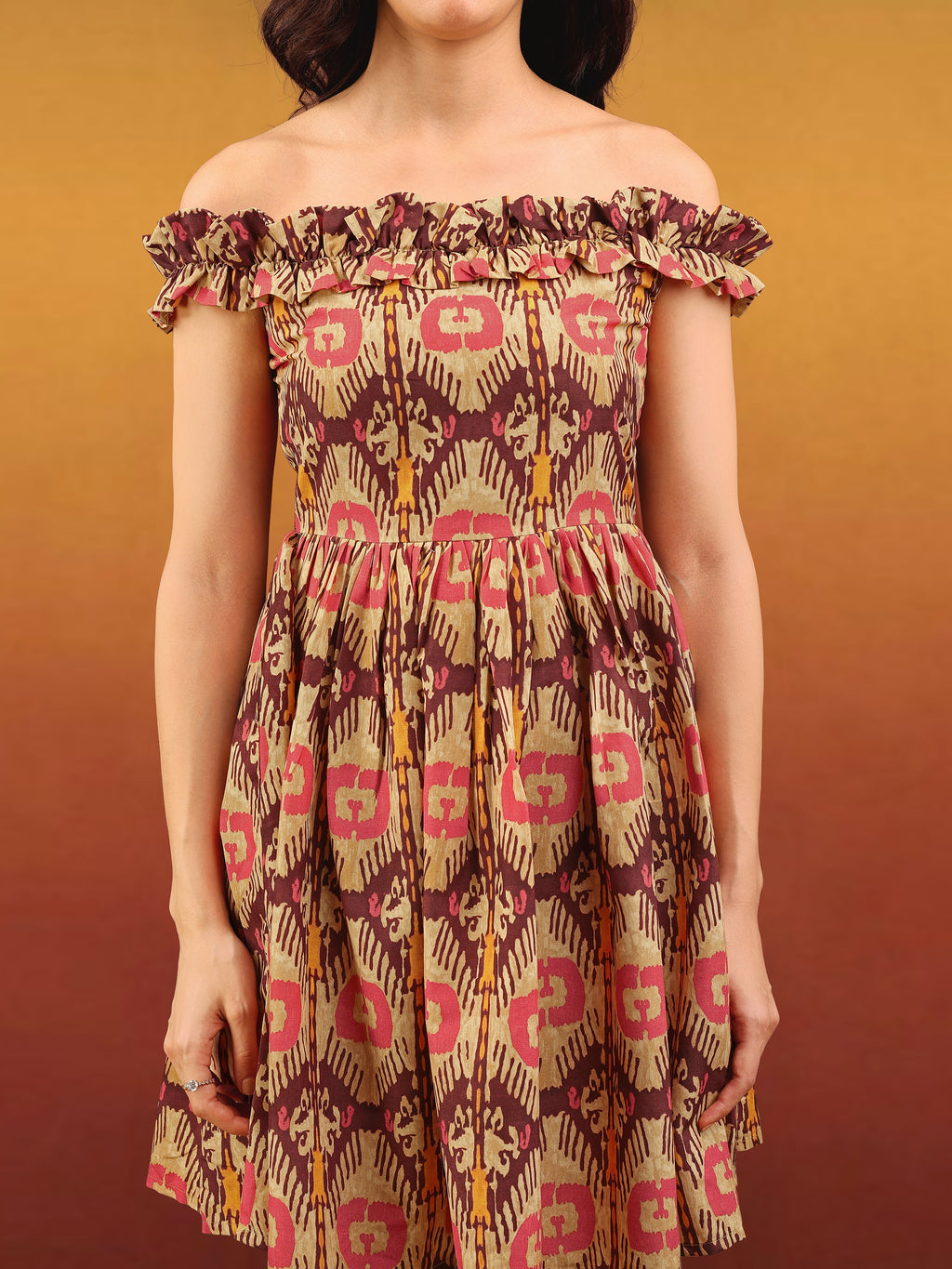 Women's Ruffled Off-Shoulder Mini Length Multi Dress