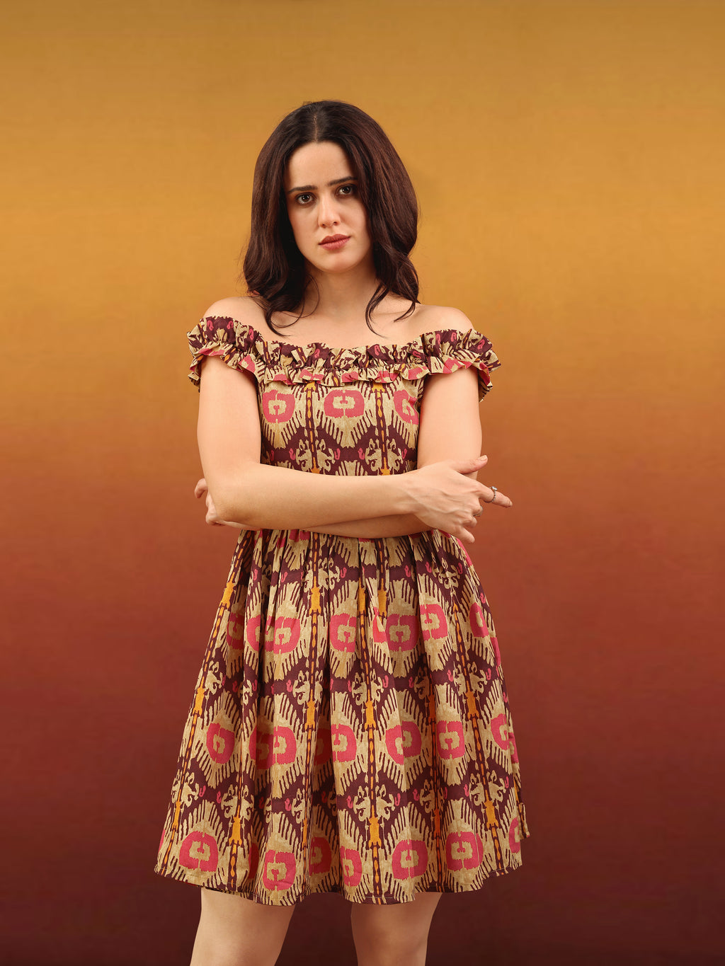 Women's Ruffled Off-Shoulder Mini Length Multi Dress