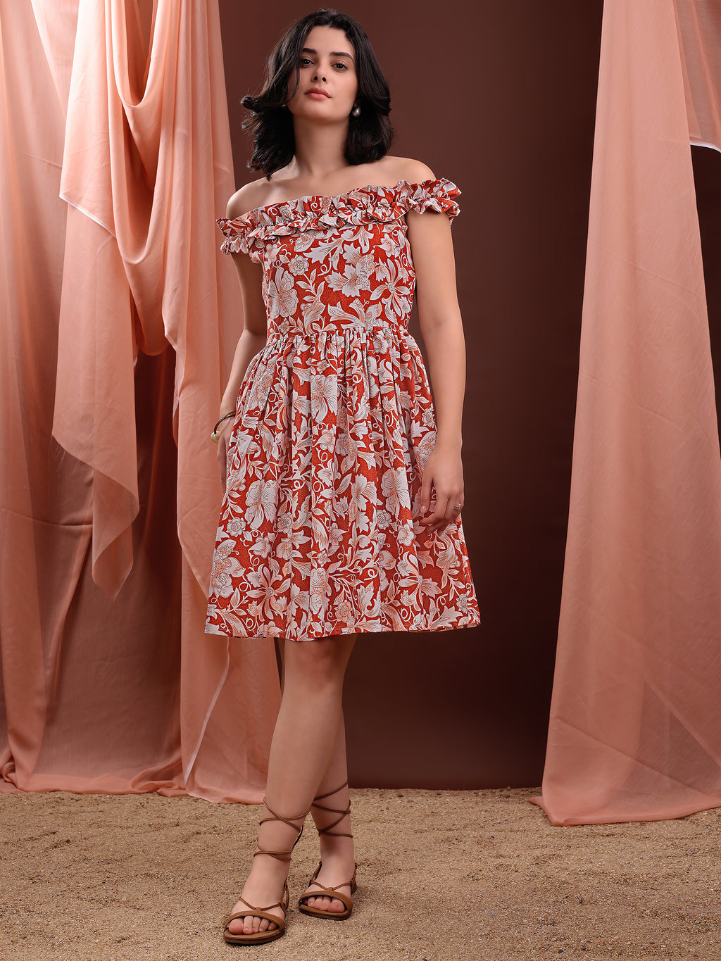 Women's Ruffled Off-Shoulder Mini Length Rust Dress
