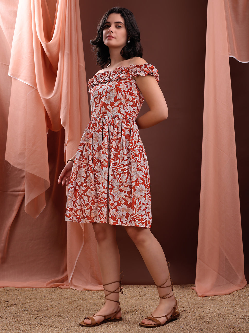 Women's Ruffled Off-Shoulder Mini Length Rust Dress