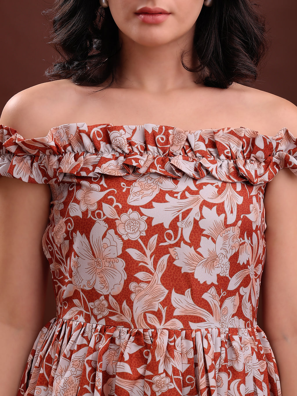 Women's Ruffled Off-Shoulder Mini Length Rust Dress