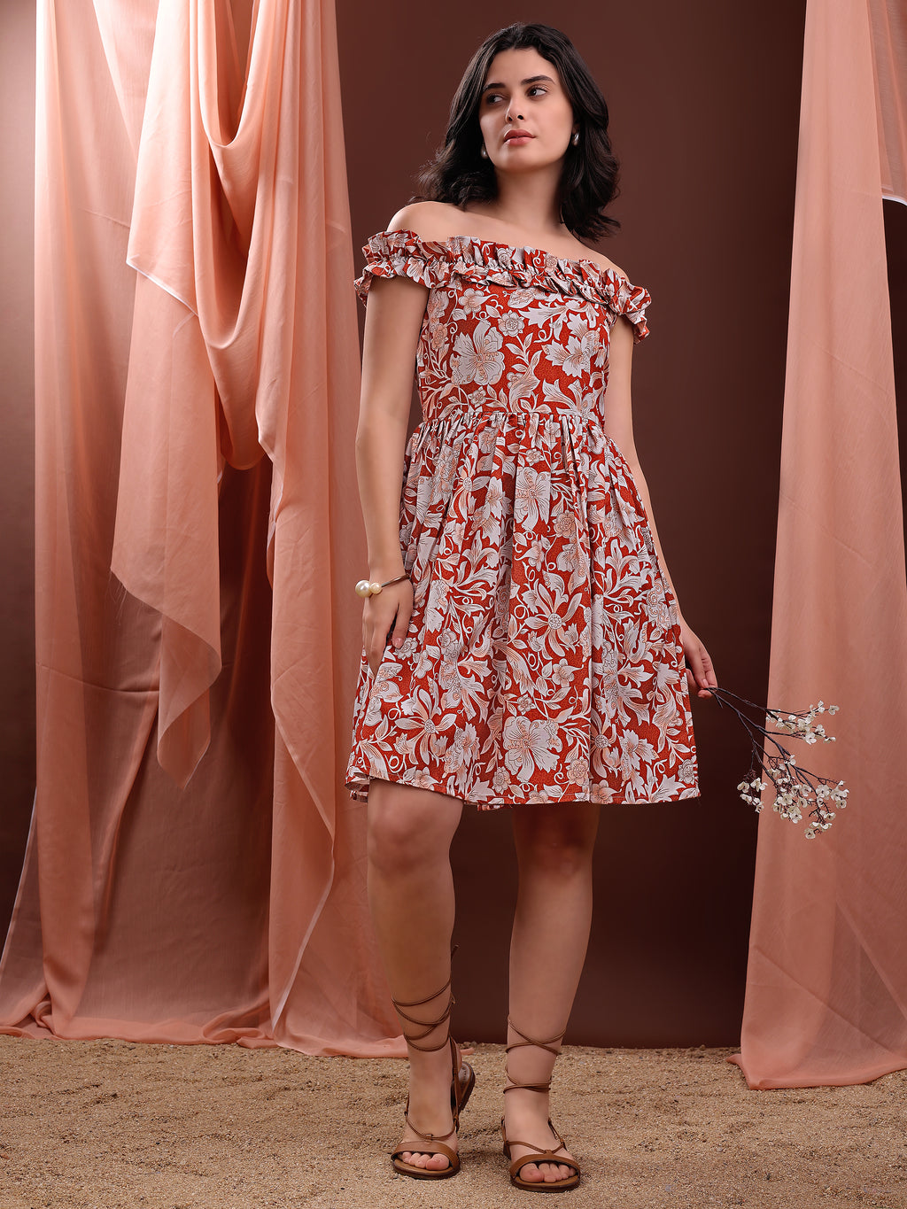 Women's Ruffled Off-Shoulder Mini Length Rust Dress