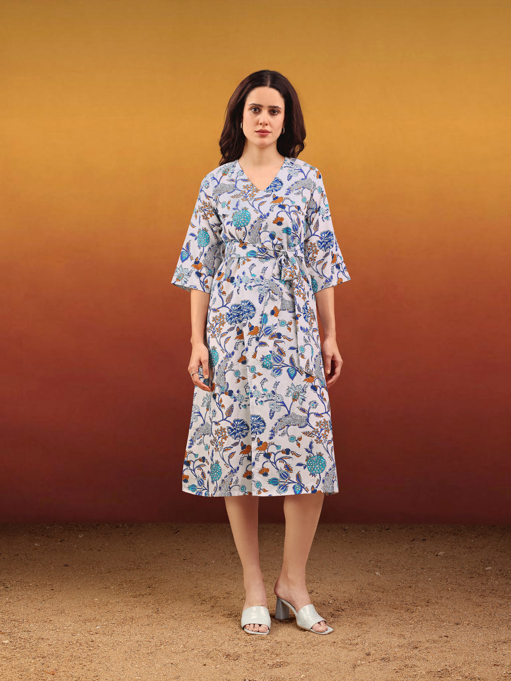 Women's Elegant Wrap Midi Bell Sleeves & Tie-Up Waist Black Dress