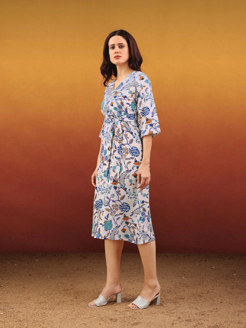 Women's Elegant Wrap Midi Bell Sleeves & Tie-Up Waist Black Dress