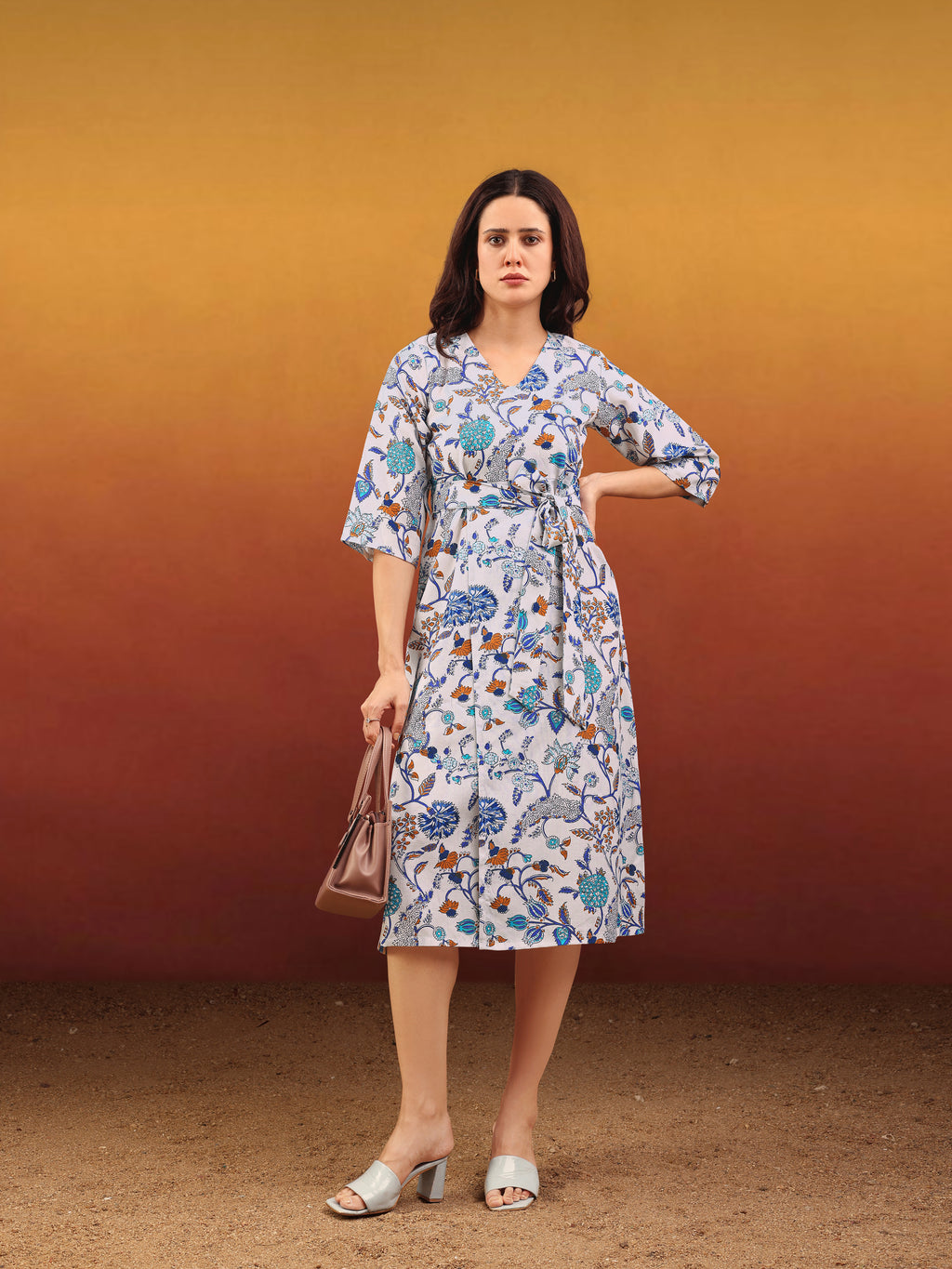 Women's Elegant Wrap Midi Bell Sleeves & Tie-Up Waist Black Dress