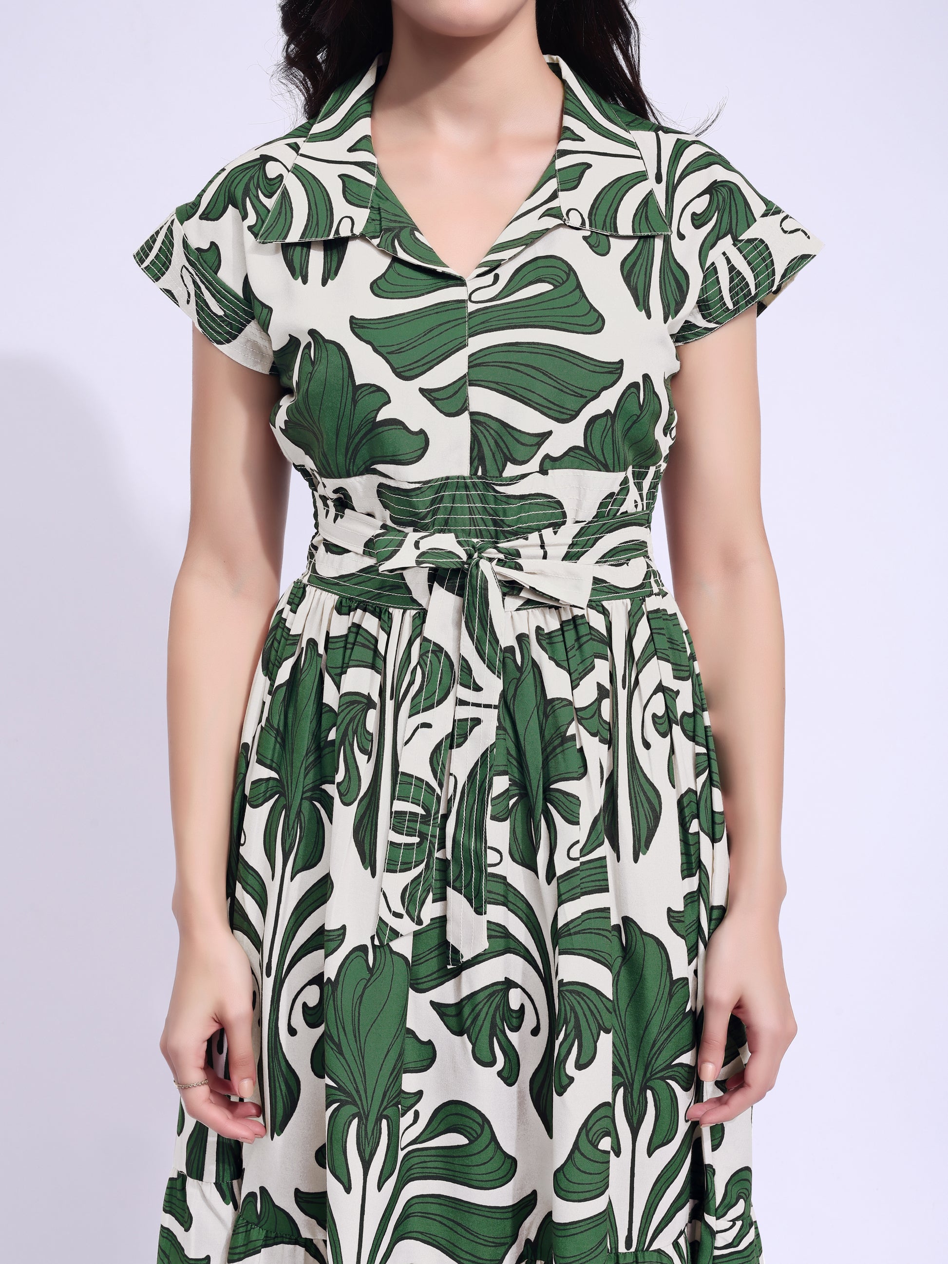 Women's Green Fit & Flared Midi Cap Sleeve Dress