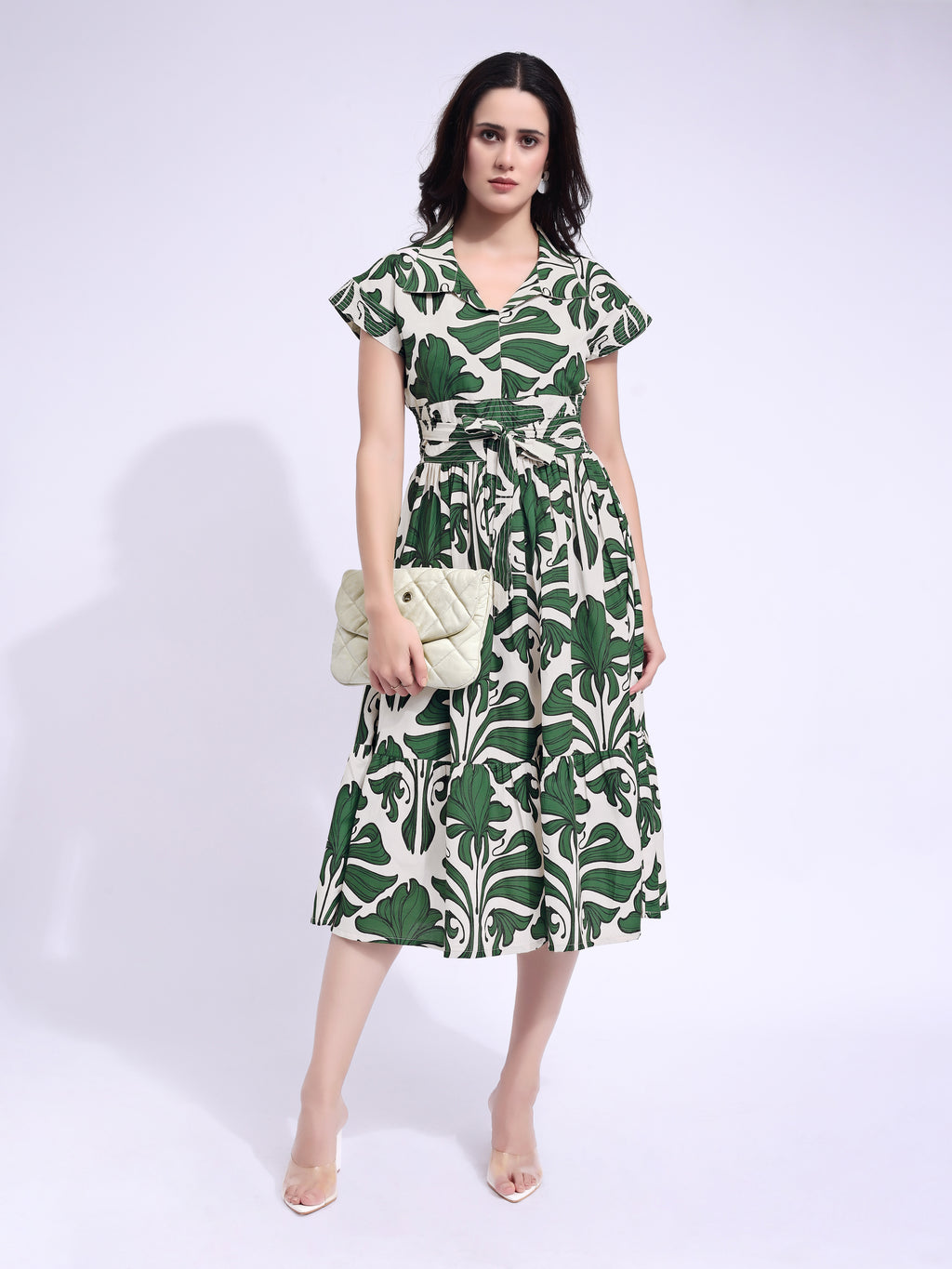 Women's Green Fit & Flared Midi Cap Sleeve Dress