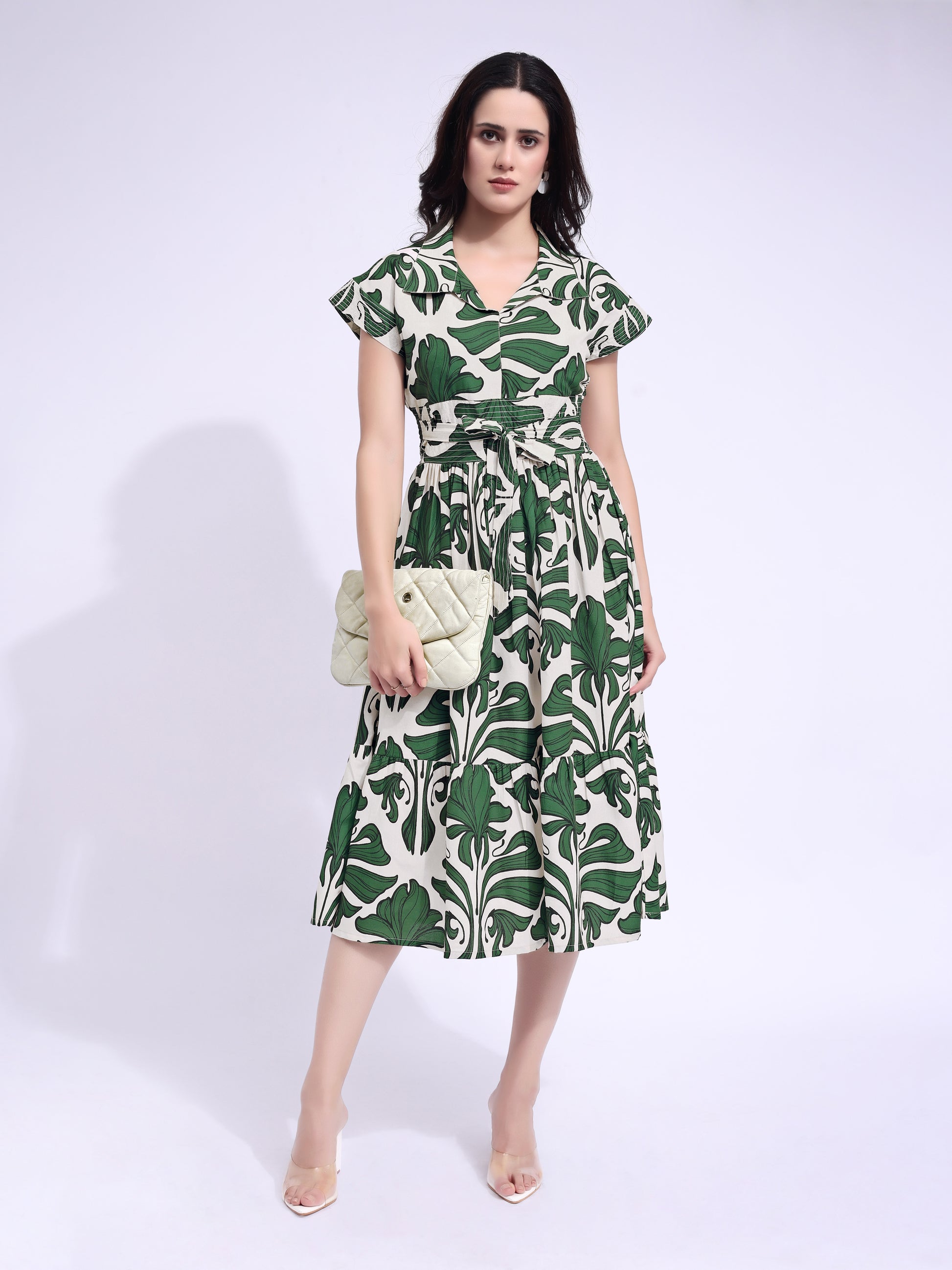 Women's Green Fit & Flared Midi Cap Sleeve Dress