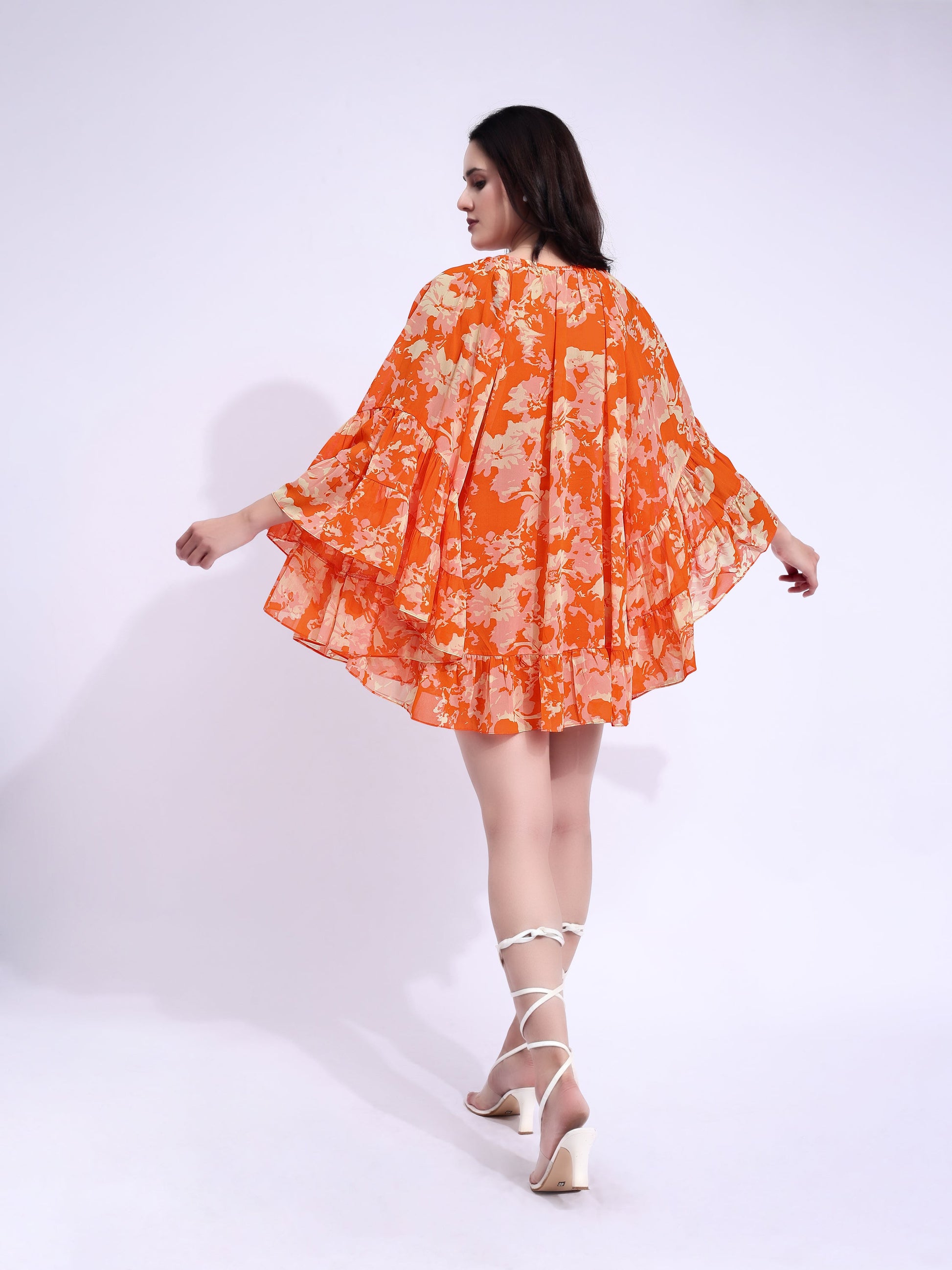 Women's Orange Ruffled Above Knee Stylished Dress