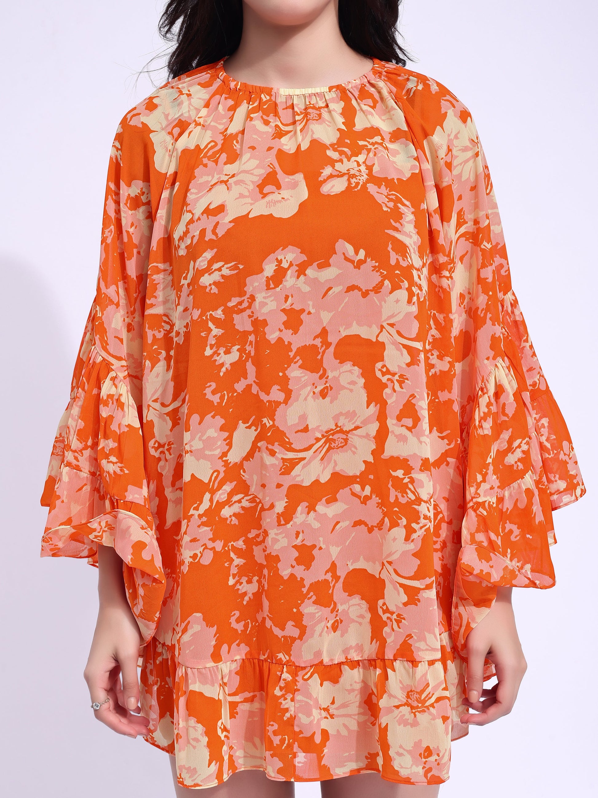 Women's Orange Ruffled Above Knee Stylished Dress