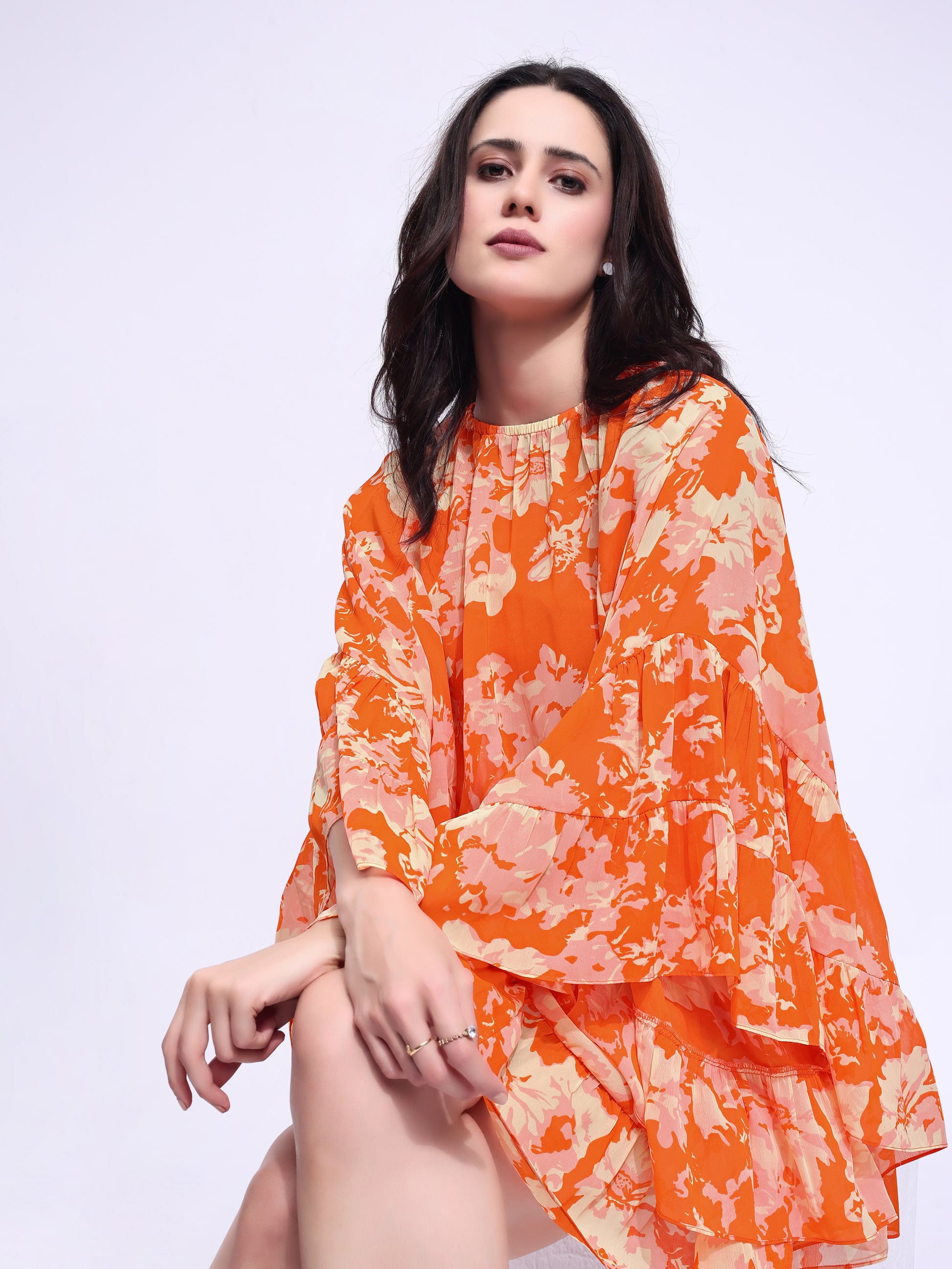 Mini Length Stylised Sleeve Printed  Dress