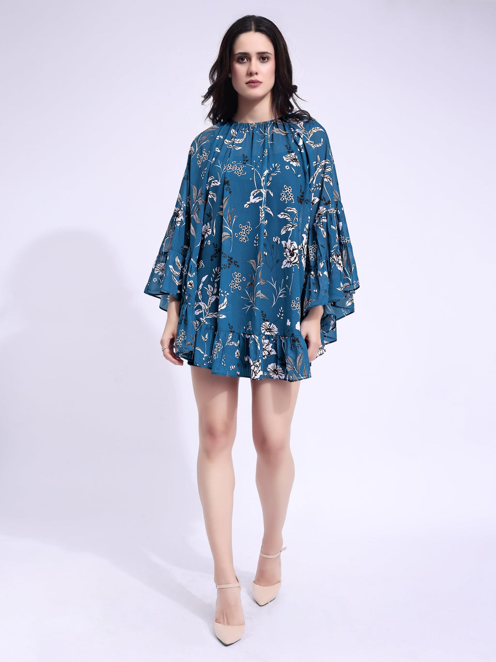 Women's Blue Ruffled Above Knee Stylished Dress