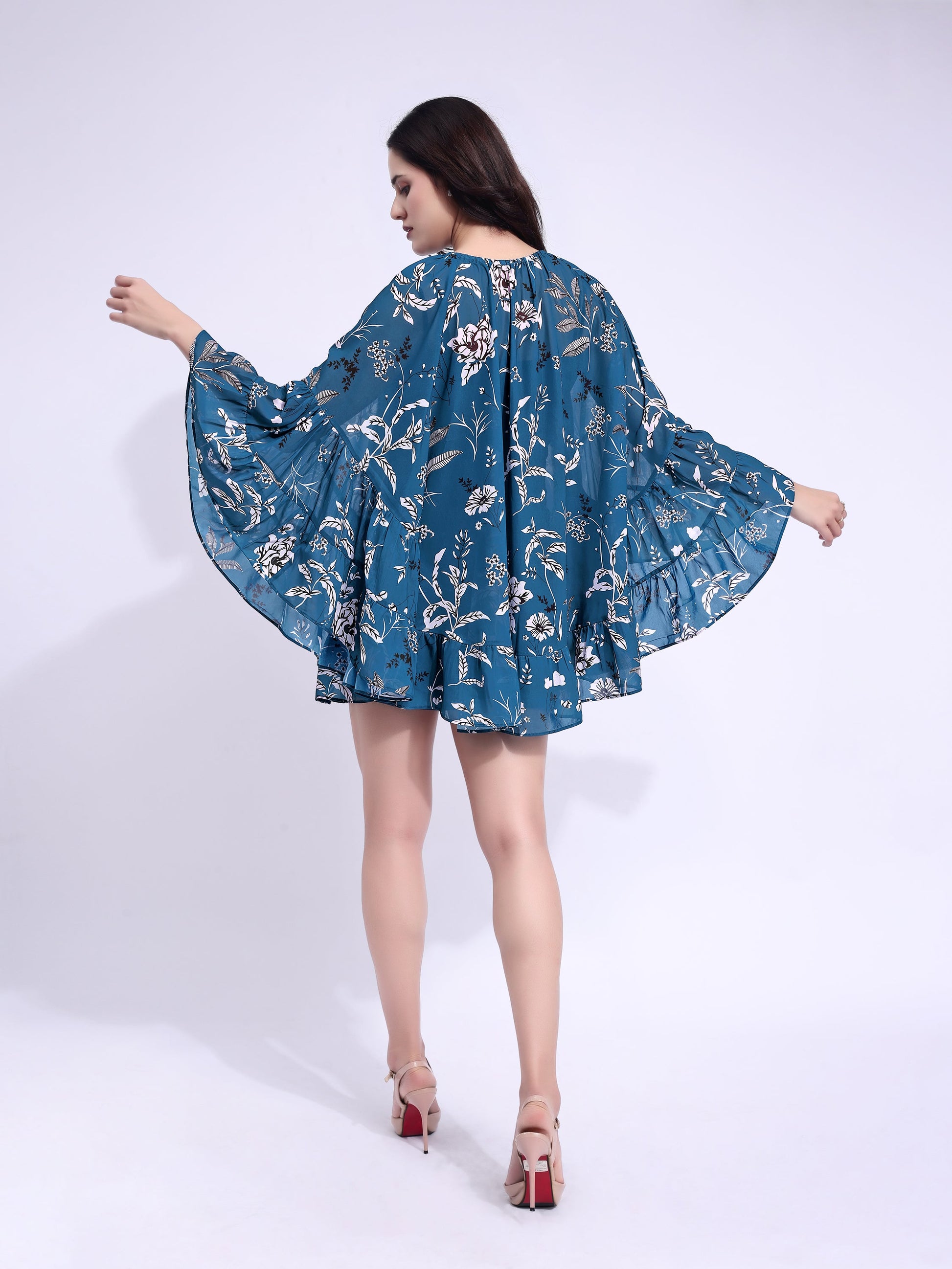 Women's Blue Ruffled Above Knee Stylished Dress