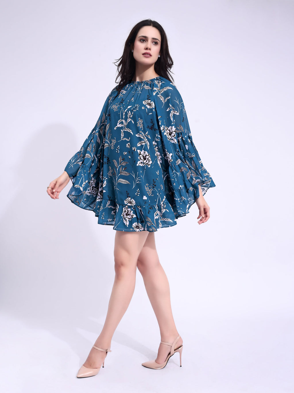 Women's Blue Ruffled Above Knee Stylished Dress