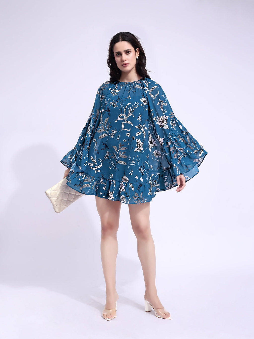 Women's Blue Ruffled Above Knee Stylished Dress