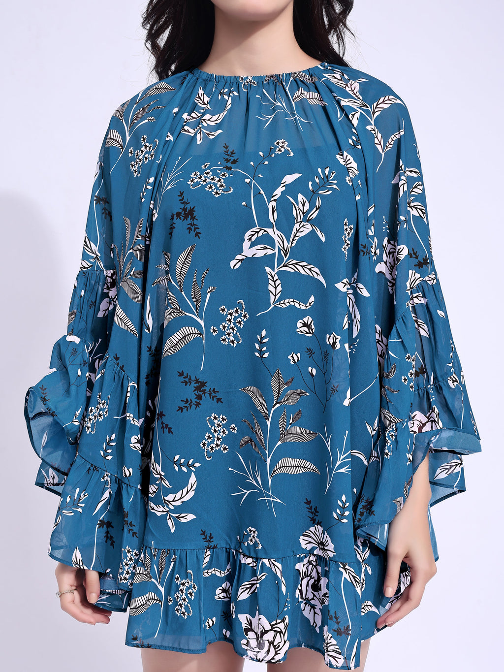 Women's Blue Ruffled Above Knee Stylished Dress