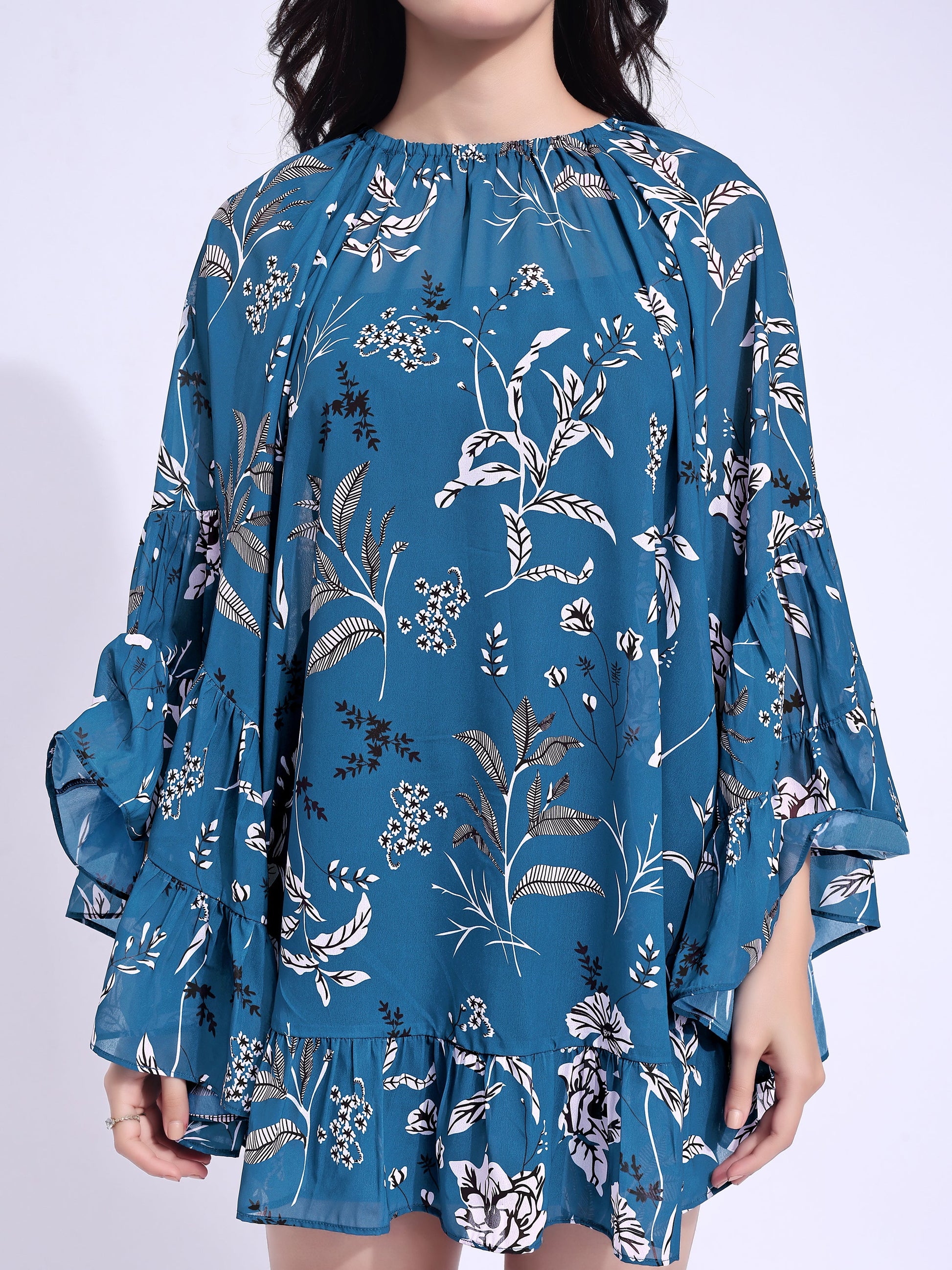 Women's Blue Ruffled Above Knee Stylished Dress